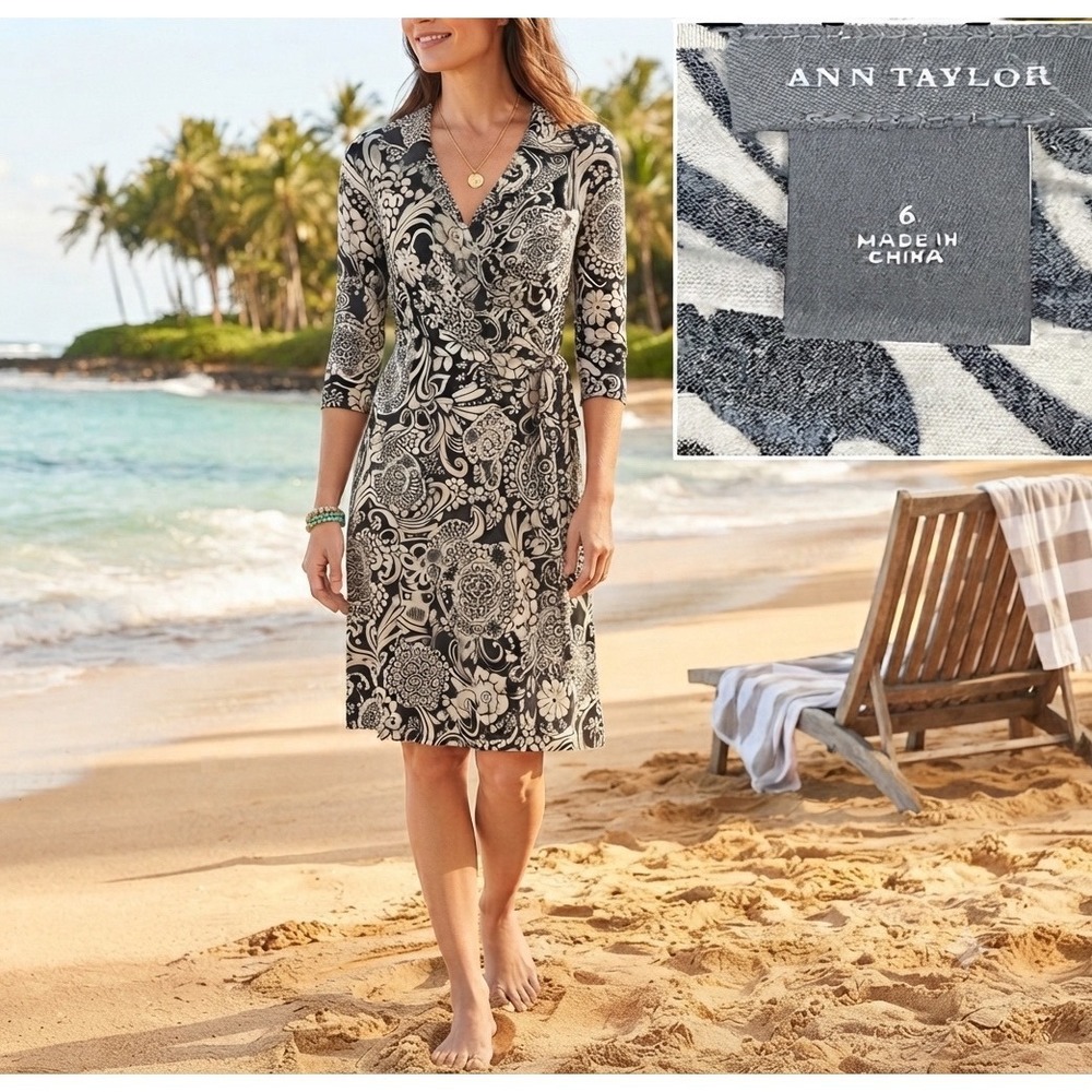 Ann Taylor Black Cream Paisleyโ floral summer Wrap Dress 3/4 Sleeve Size 6